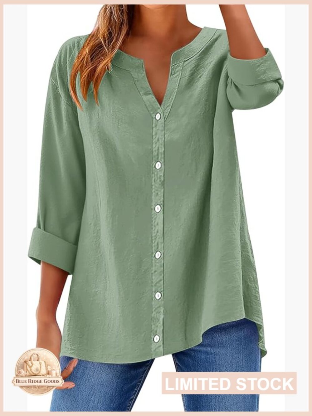 Linen Cotton Button Down Shirt Loose Fit V Neck Long Sleeve Blouse Casual Chic